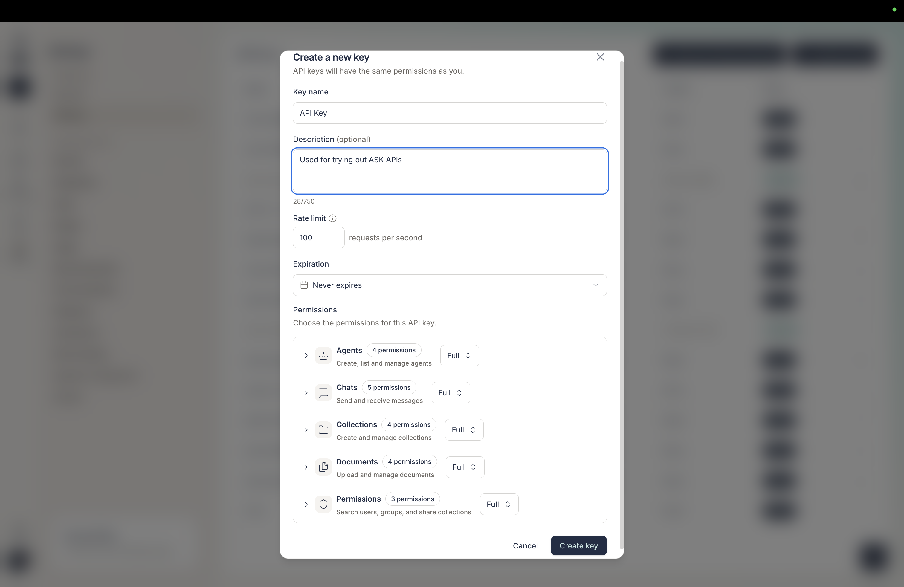 Generating an API key in the Ask dashboard