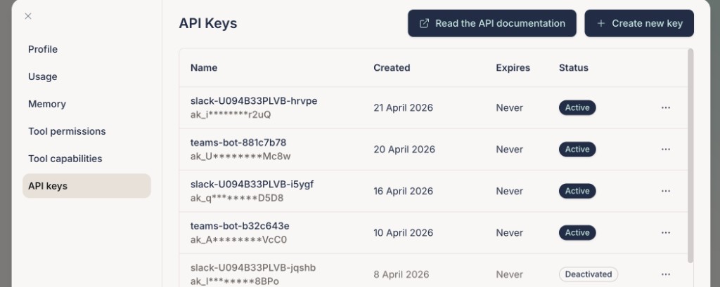 API Keys page