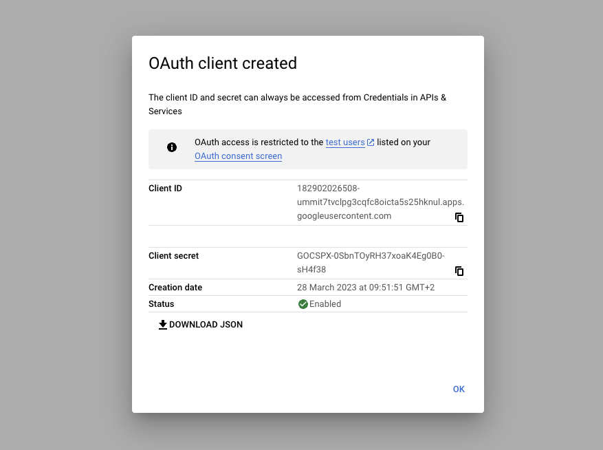 Google OAuth client ID and secret
