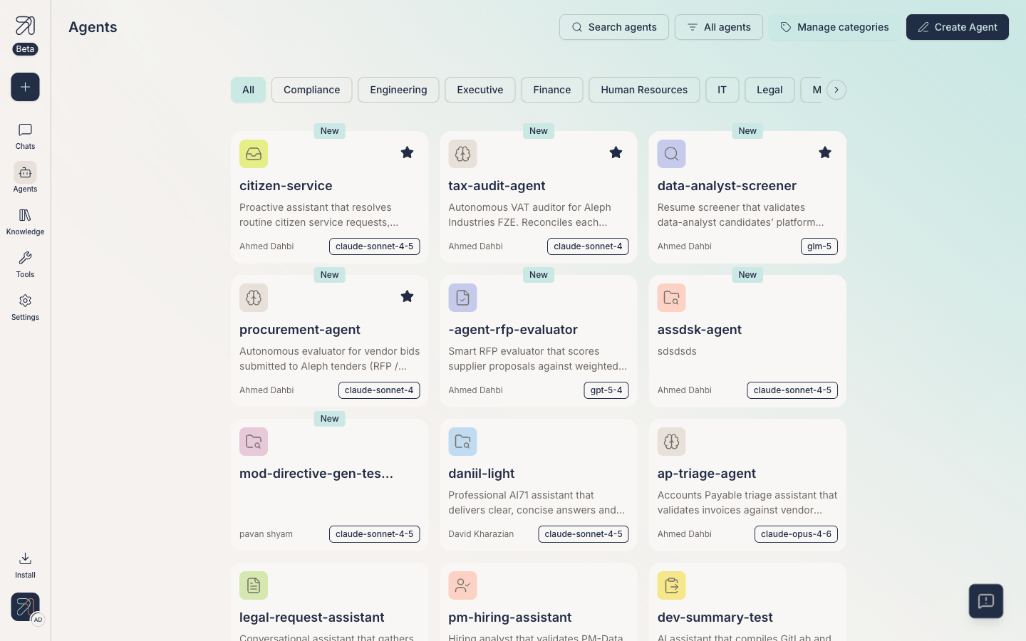 Agents library showing agent cards and category filter chips