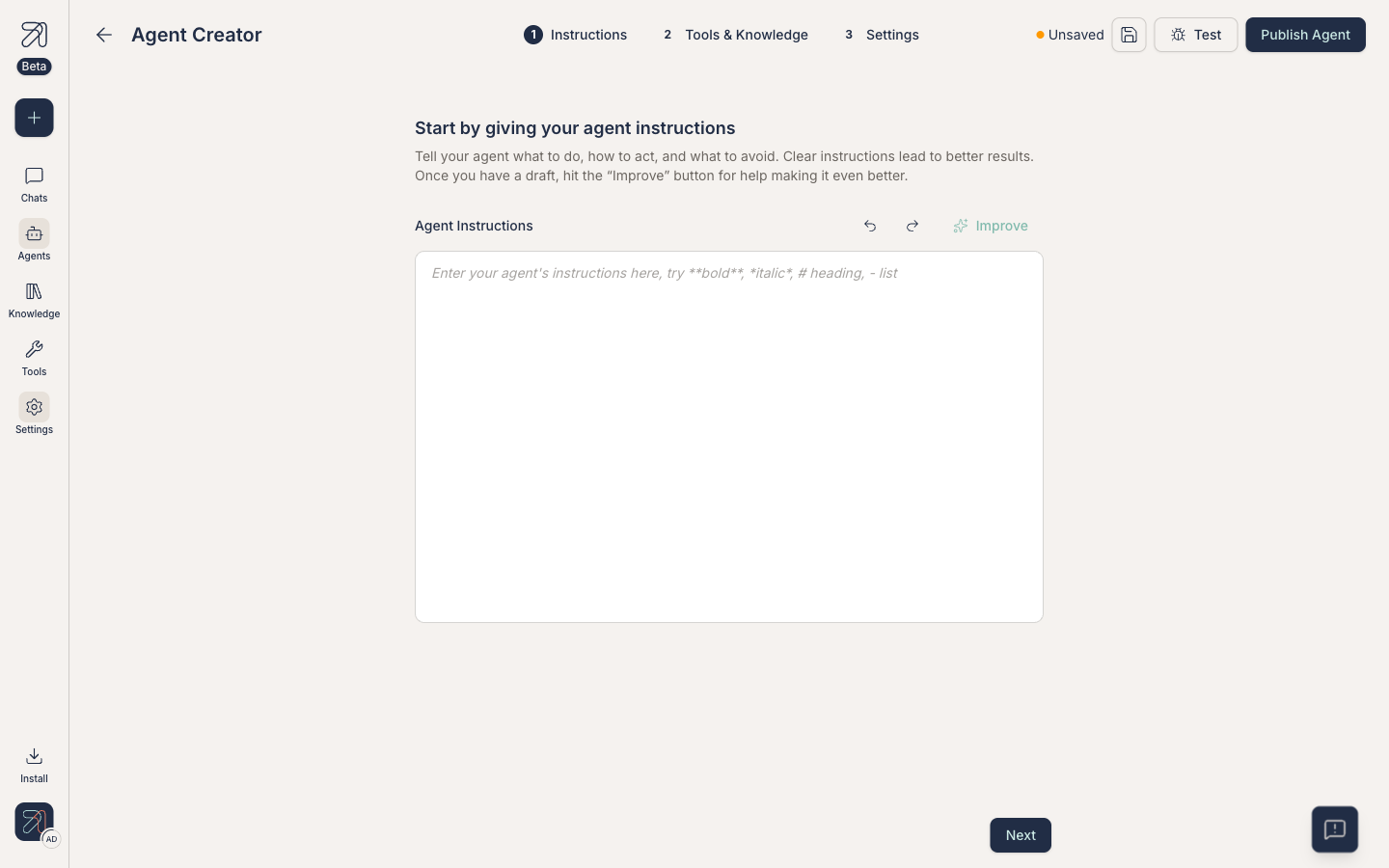 Agent creator step 1: Instructions tab with rich-text editor and Improve button