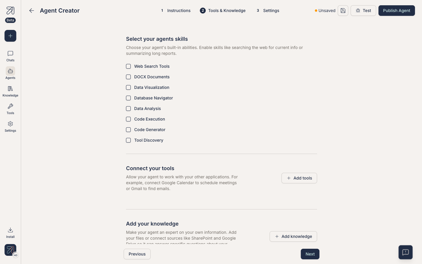Agent creator step 2, Tools and Knowledge, with Add tools and Add knowledge buttons.