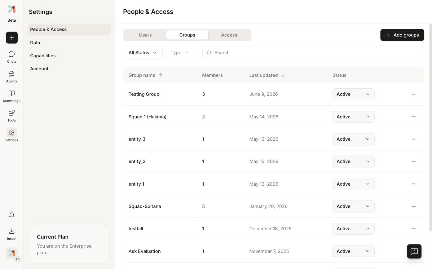 Groups tab listing groups with member counts and status