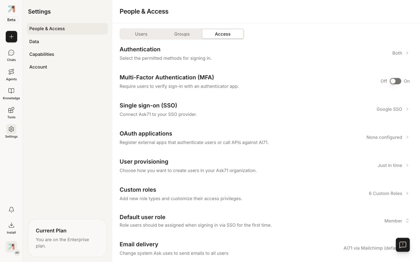 Access tab with authentication, MFA, SSO, OAuth, provisioning, roles, and email delivery settings
