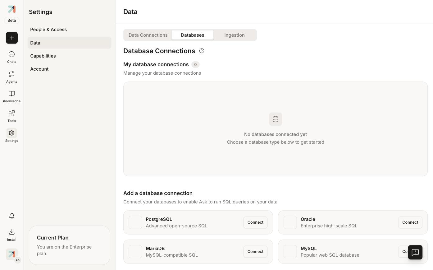 Database Connections page listing PostgreSQL, Oracle, MariaDB, and MySQL connection types.