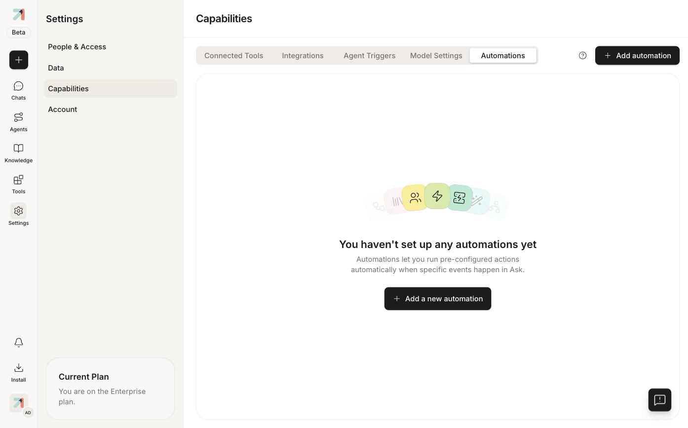Automations tab with empty state and Add a new automation button