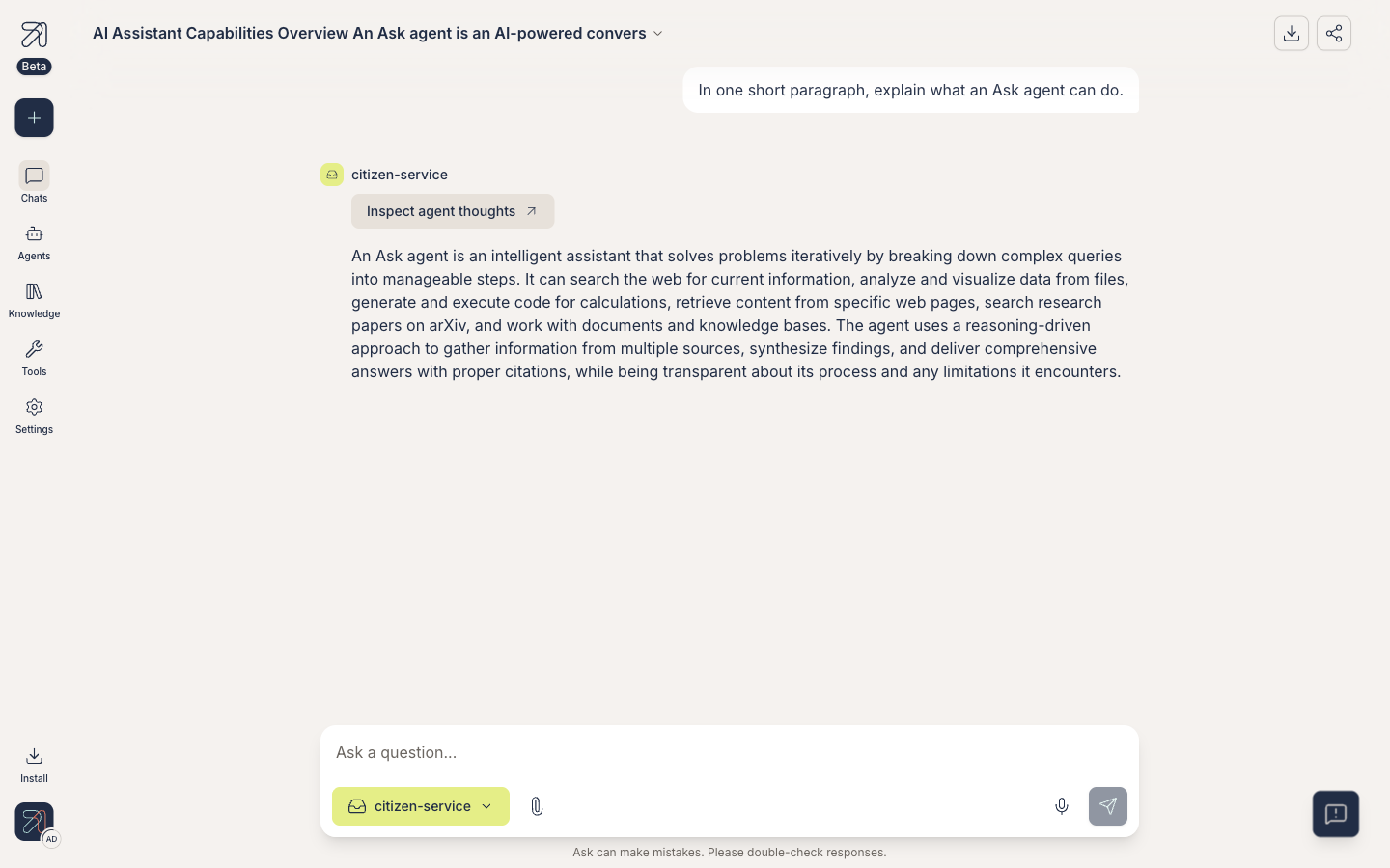 Conversation pane with messages: input, attach control, and agent chip