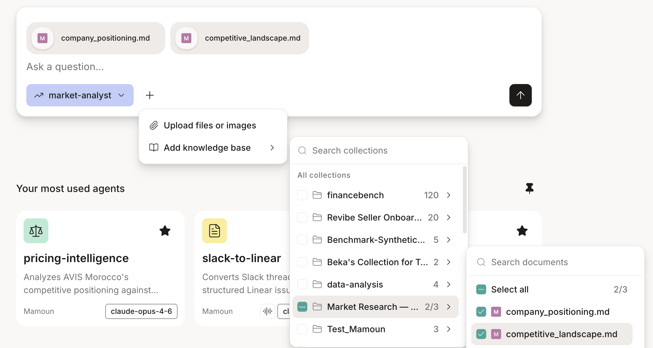 A knowledge base opened to its documents, with two files selected to attach