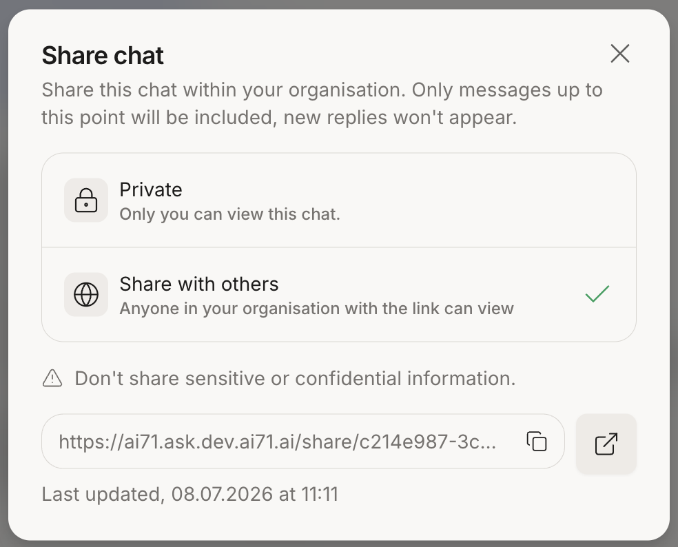The Share chat dialog with Private and Share with others options and a copyable link