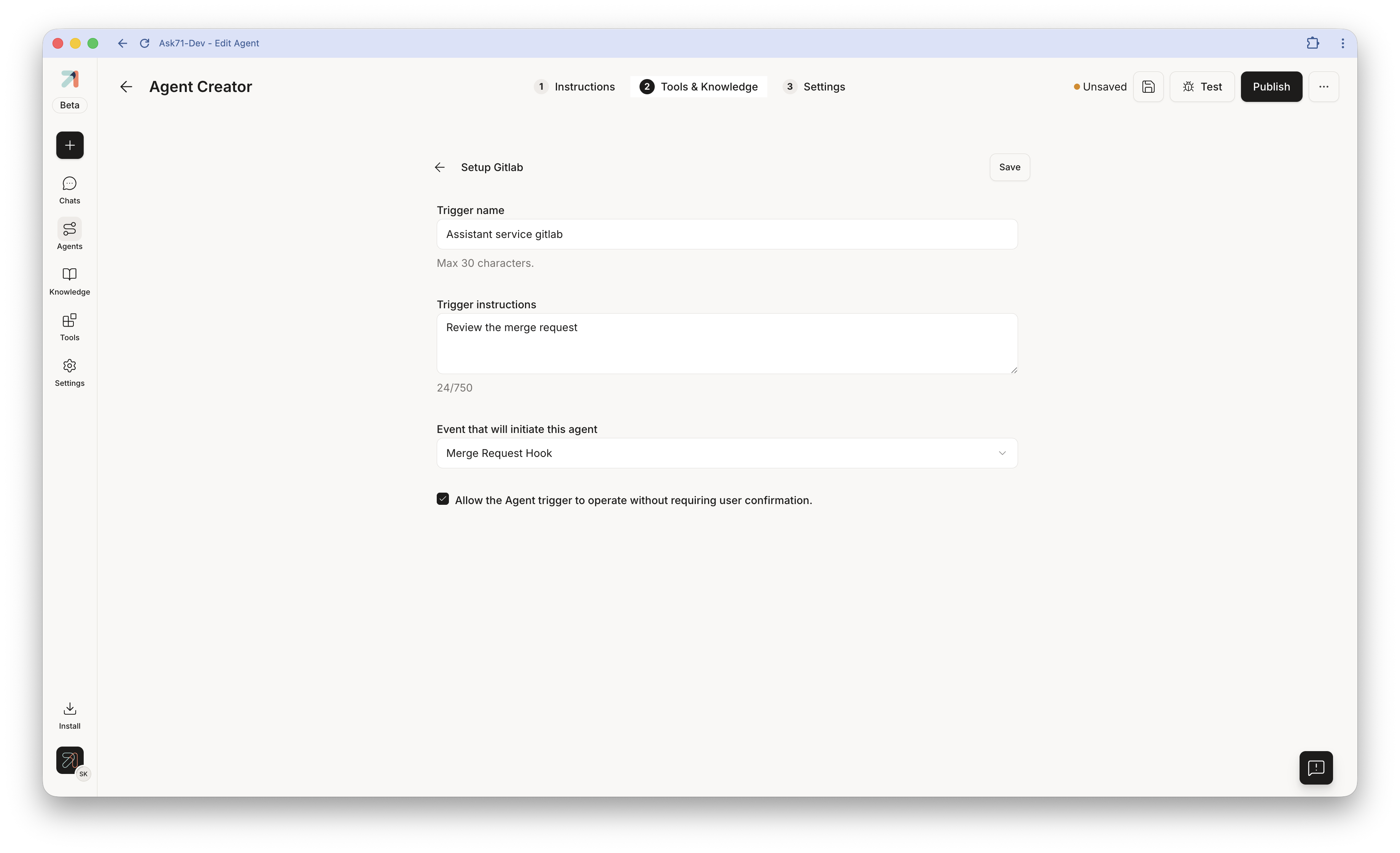Setup Gitlab trigger form: Trigger name, Trigger instructions, Event that will initiate this agent, and the run-without-confirmation checkbox