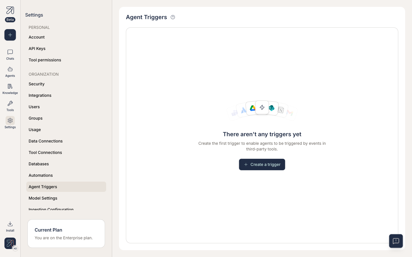 Admin view of Settings, Capabilities, Agent Triggers: connected sources with status