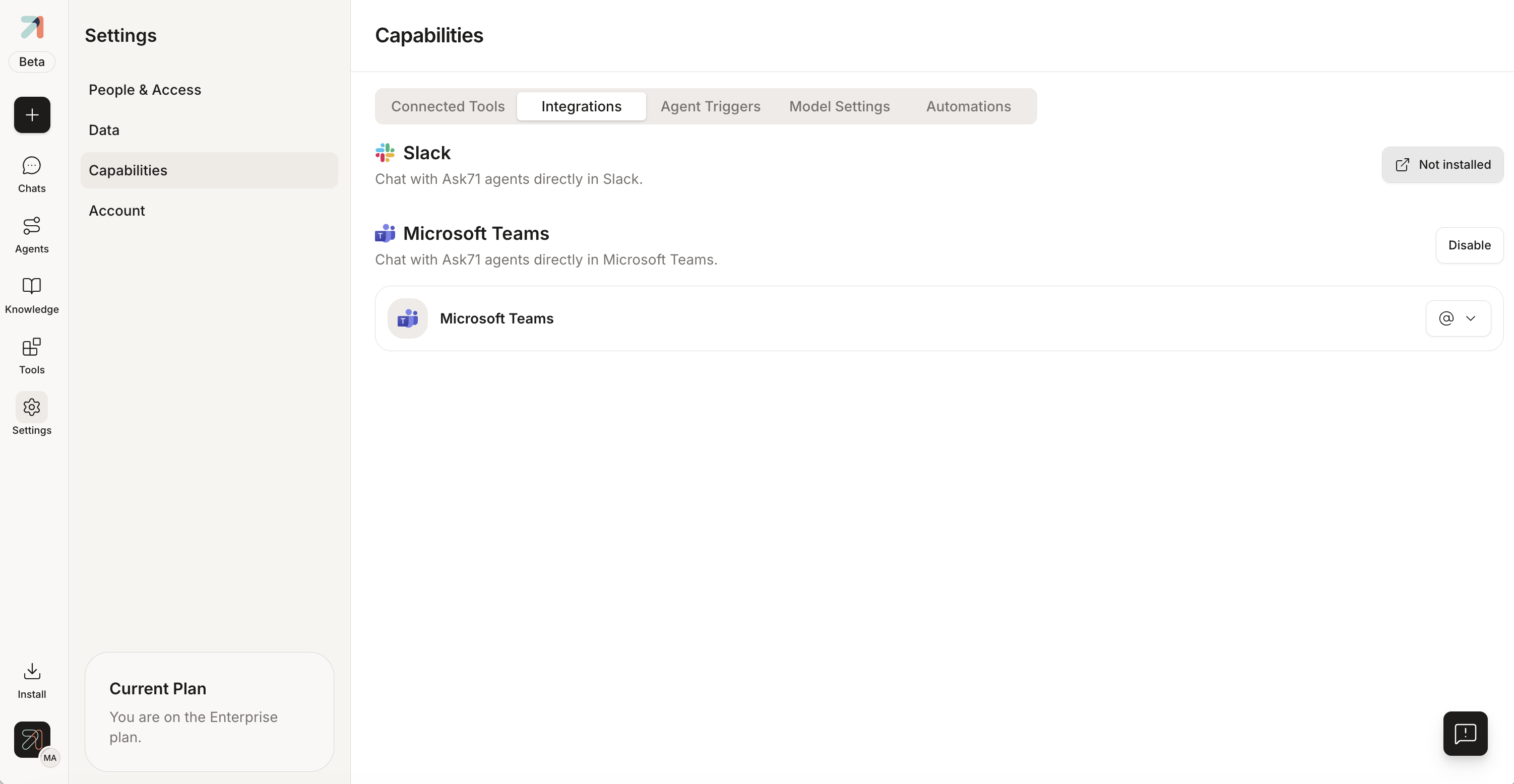 Ask settings, Capabilities section, Integrations tab, showing a Slack row (“Chat with Ask agents directly in Slack”) with a Not installed button