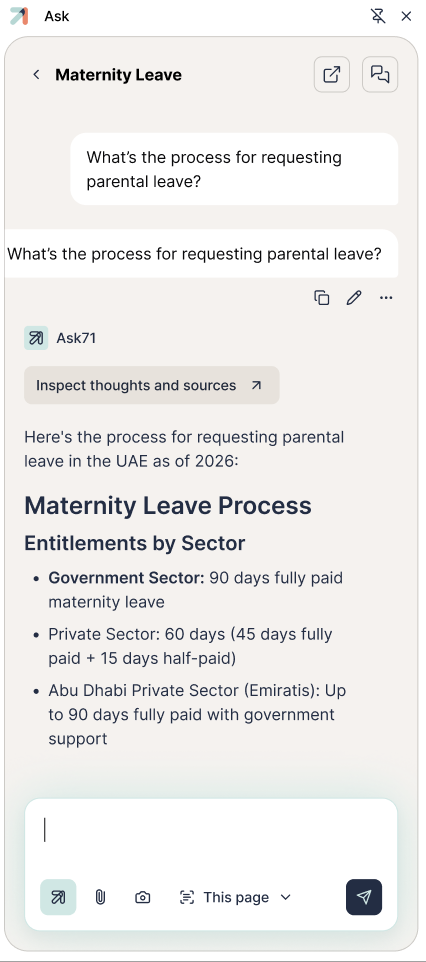 A mobile conversation answering a question about parental leave, with an “Inspect thoughts and sources” chip above a formatted answer