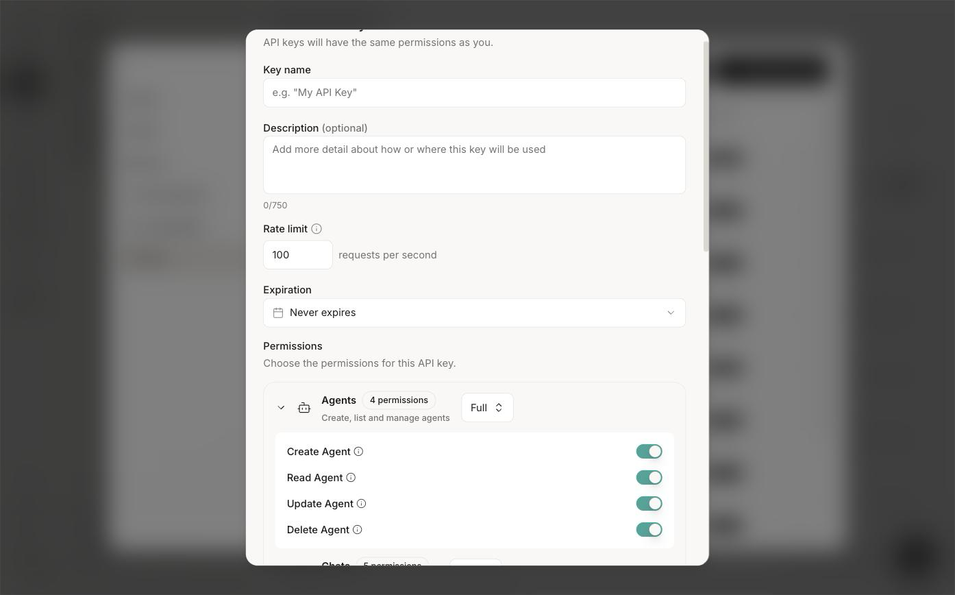 Create a new key dialog with name, rate limit, expiration, and per-group permission toggles